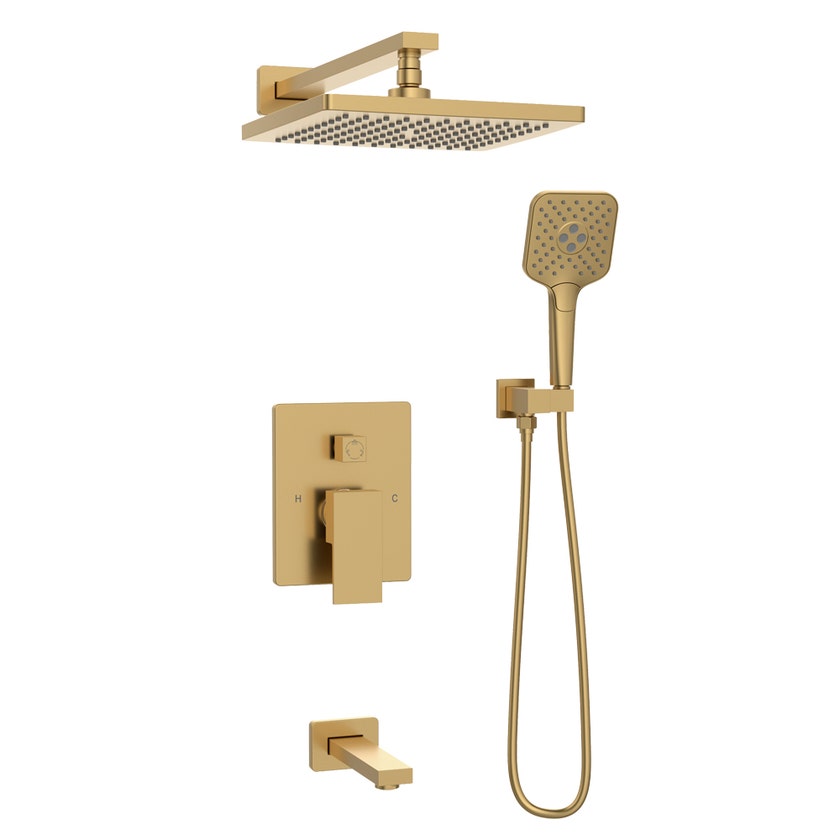 Gold square tub-shower faucet with rain shower head, handshower and bath spout