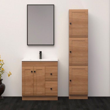 30" Light Wood Finish Floor Vanity with Black Handles
