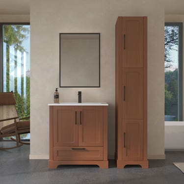 30" Brown wood finish floor vanity with black handles