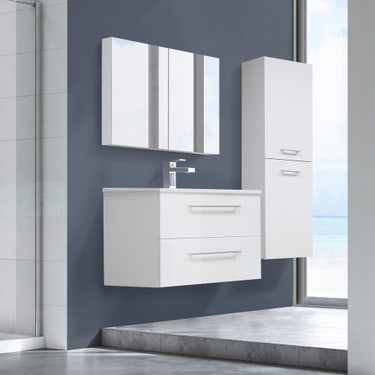 32" Glossy white wall vanity with 2 drawers