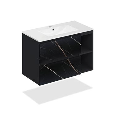 32" Black marble finish wall vanity with 2 drawers and 2 open shelves