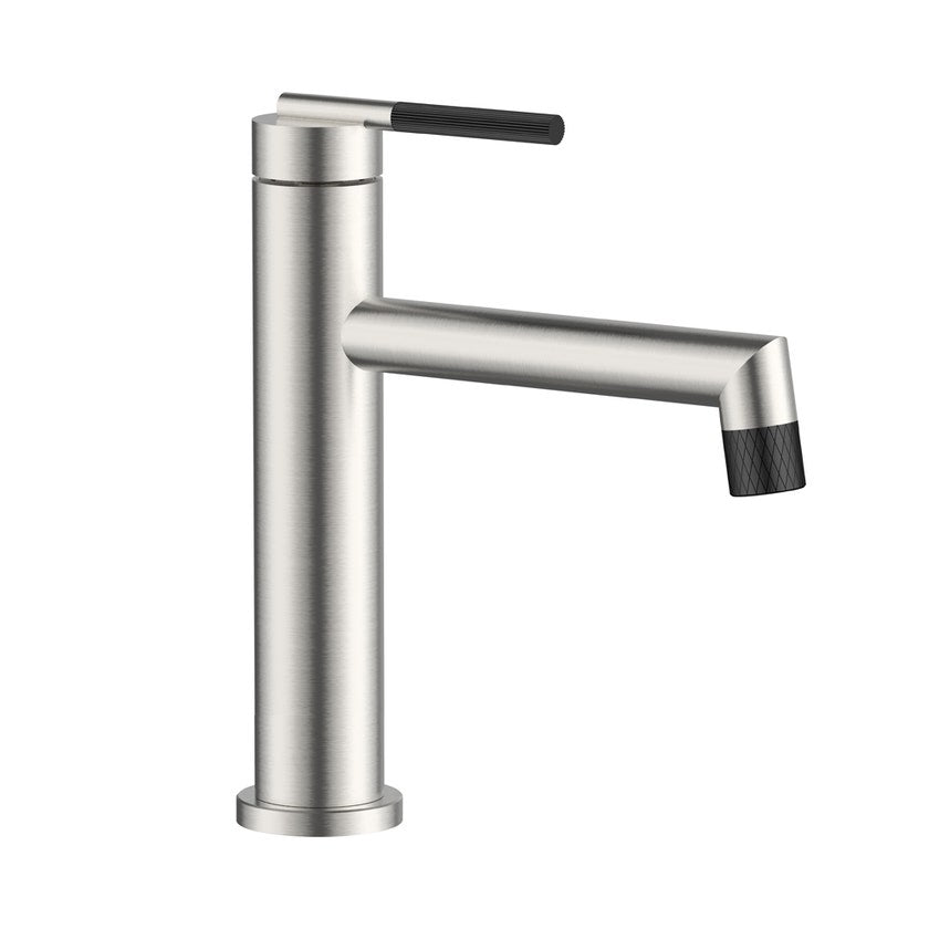 Brushed nickel single-hole bathroom sink faucet with matte black accent with drain