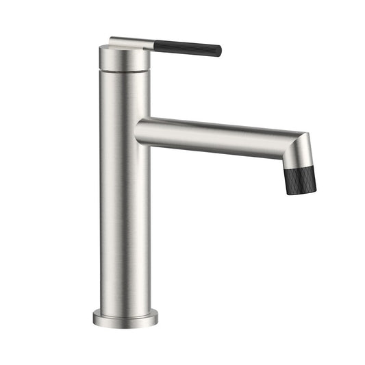 Brushed nickel single-hole bathroom sink faucet with matte black accent with drain