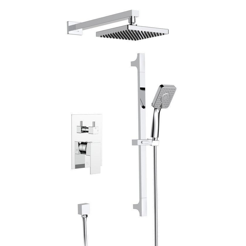 Chrome shower faucet with square hand shower and rain showerhead