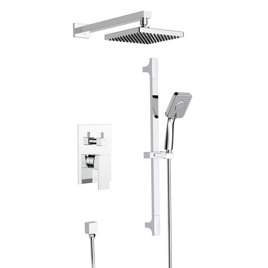 Chrome shower faucet with square hand shower and rain showerhead