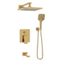Gold square tub-shower faucet with rain shower head, handshower and bath spout