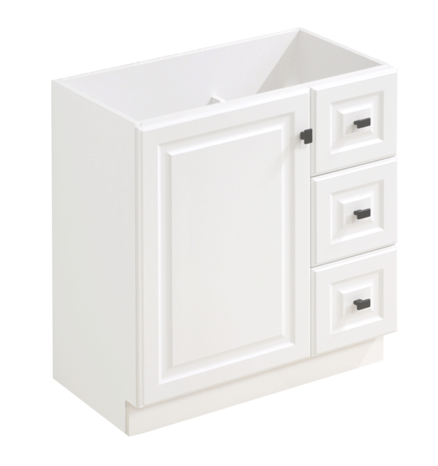 30" Matte white floor vanity with black handles
