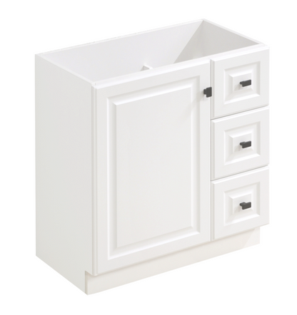 30" Matte white floor vanity with black handles