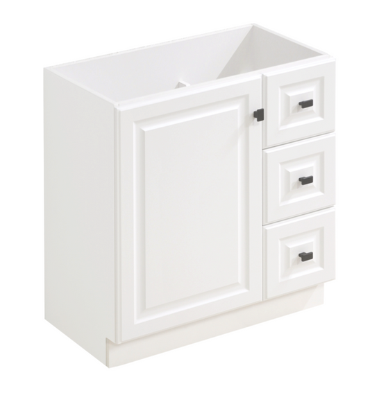 30" Matte white floor vanity with black handles