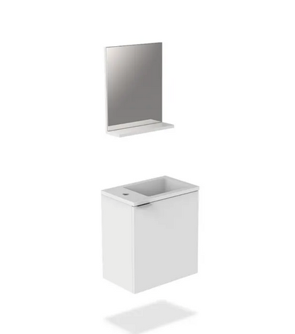 18" Glossy white wall-mount vanity set with white polymarble top and matching mirror with shelf