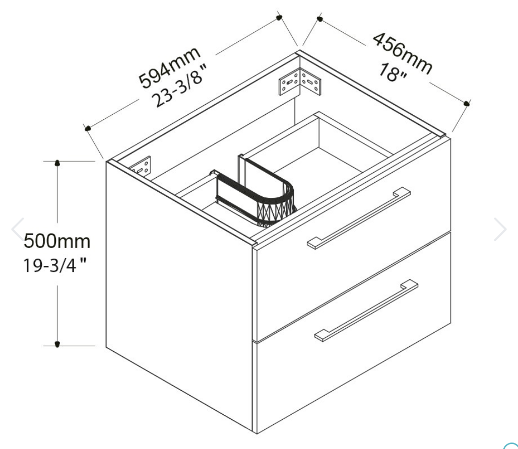 24" Glossy white wall vanity with 2 drawers