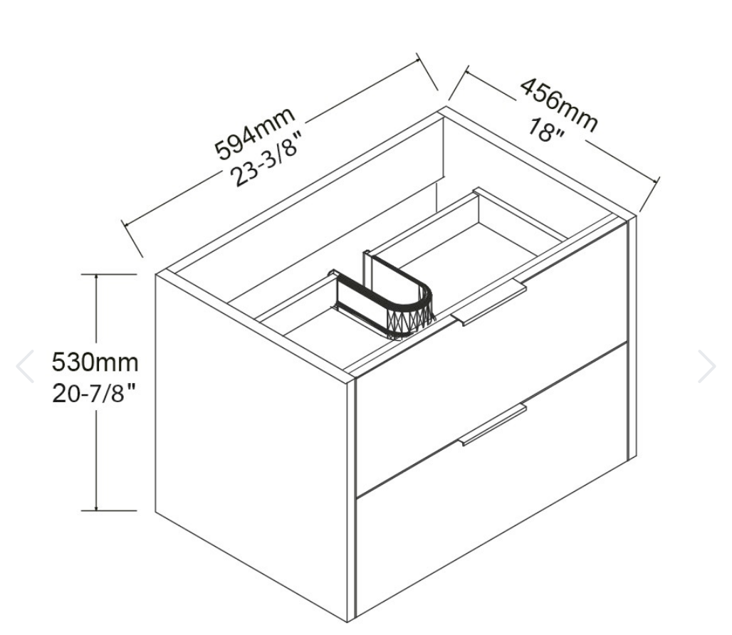 24" Glossy white wall vanity with 2 drawers