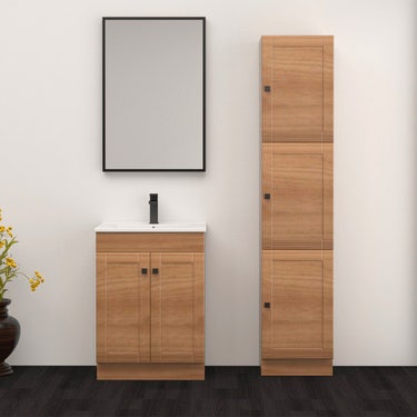 24" Light Wood Finish Floor Vanity with Black Handles