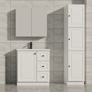 30" Matte white floor vanity with black handles