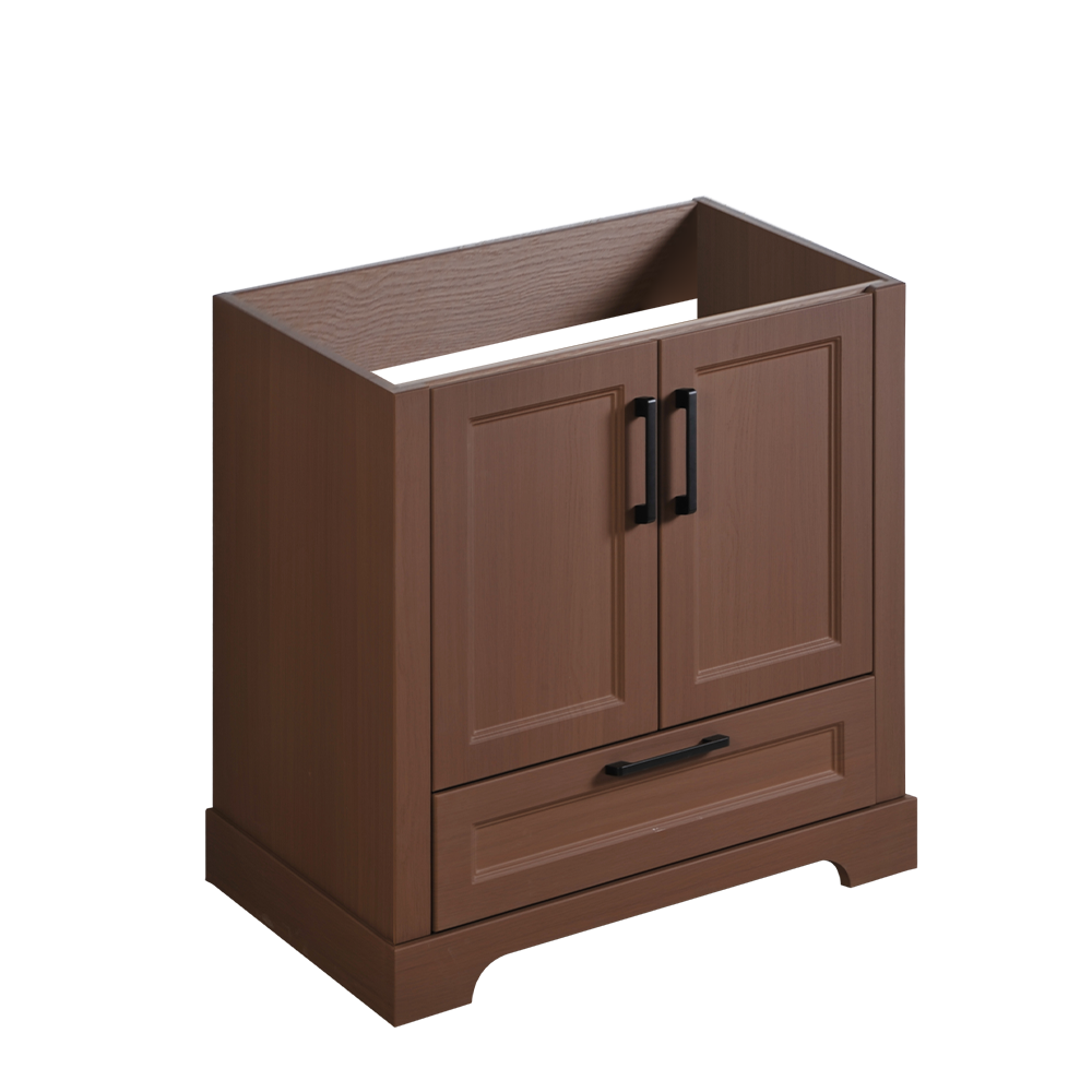 30" Brown wood finish floor vanity with black handles