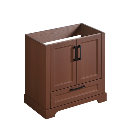 30" Brown wood finish floor vanity with black handles