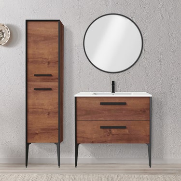 32" Brown oak and black wall-mount vanity with 2 legs
