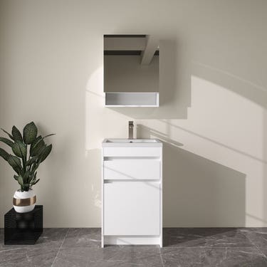 20" x 16" Glossy white floor vanity set with integrated sink, drawer and optimized storage