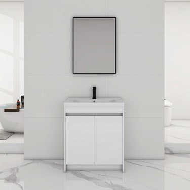 30" Glossy White Floor Vanity Set with Polymarble Top