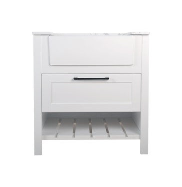 30" pedestal vanity set in white with farm sink and countertop
