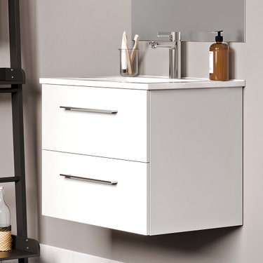 24" Glossy white wall vanity with 2 drawers