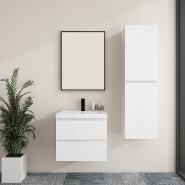 24" Glossy White Wall Vanity with 2 Drawers