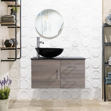 30" Maple grey vanity set with black glass top and vessel sink
