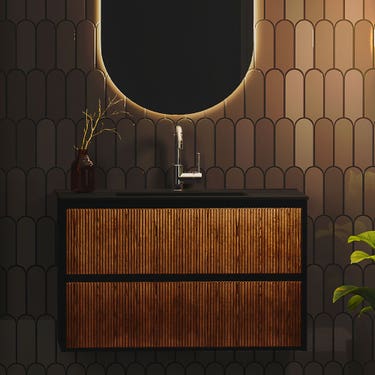 30" Matte Black Wall Vanity with Textured Brown Wood Finish Facing