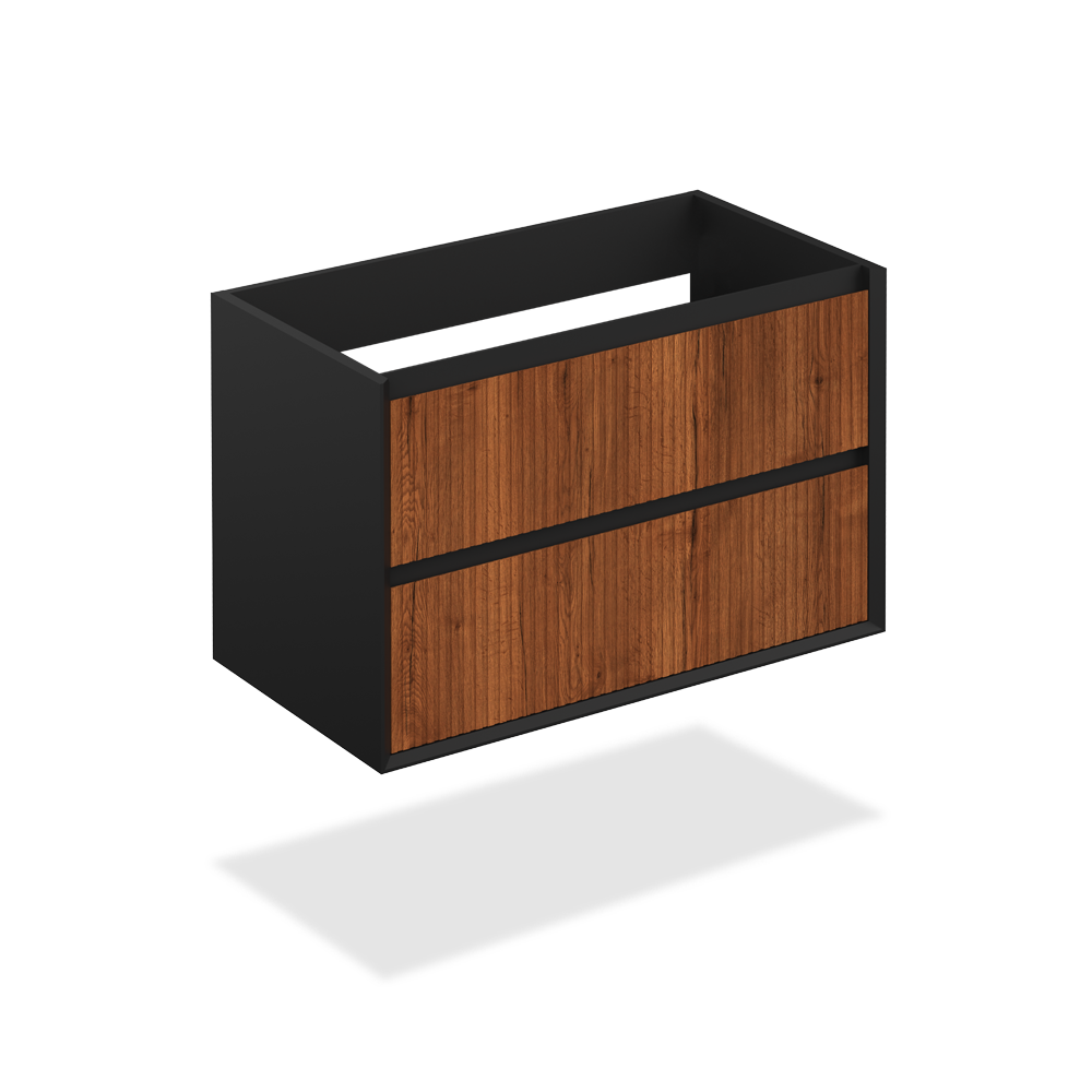 30" Matte Black Wall Vanity with Textured Brown Wood Finish Facing