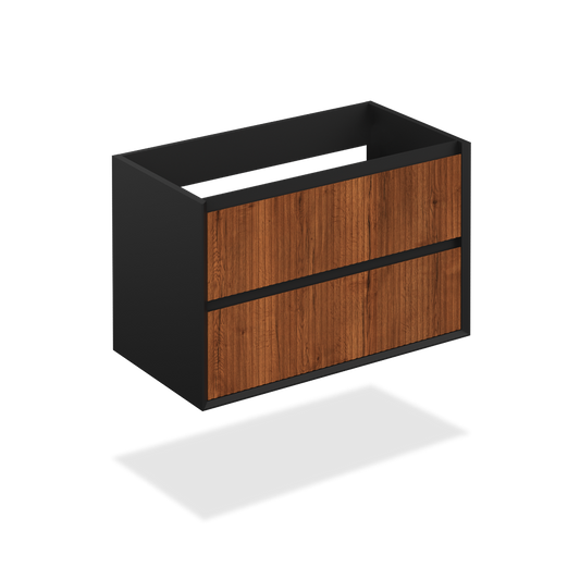 30" Matte Black Wall Vanity with Textured Brown Wood Finish Facing