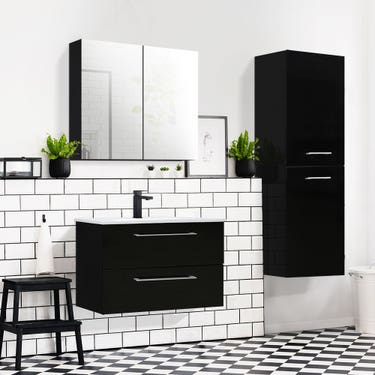 32" Glossy black wall vanity with 2 drawers