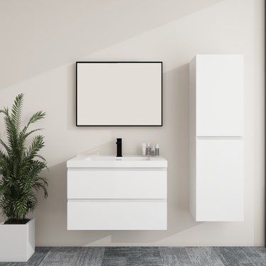 32" Glossy White Wall Vanity with 2 Drawers