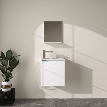 18" Glossy white wall-mount vanity set with white polymarble top and matching mirror with shelf